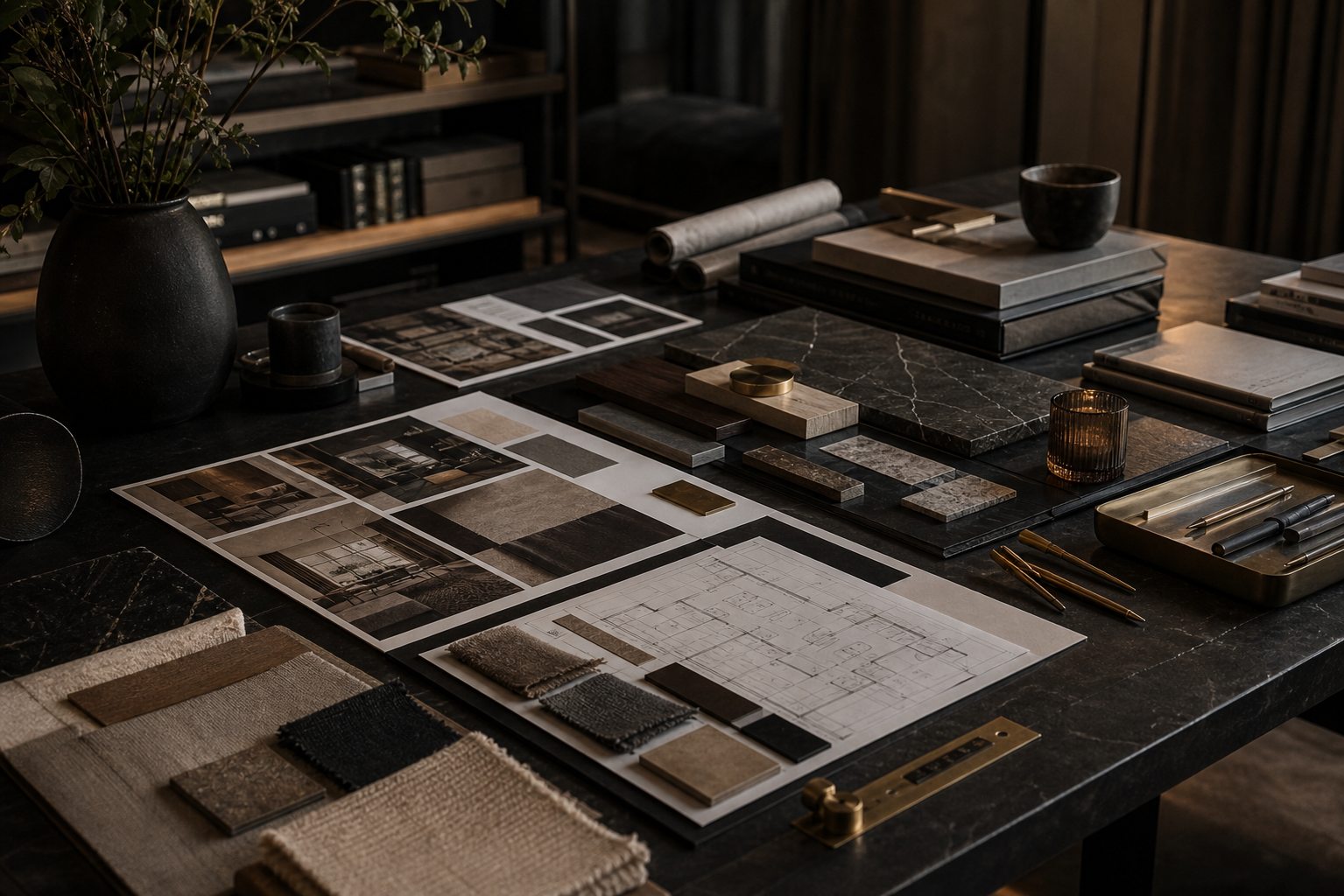 Designstudio mit Moodboards, Materialmustern und Grundrissen