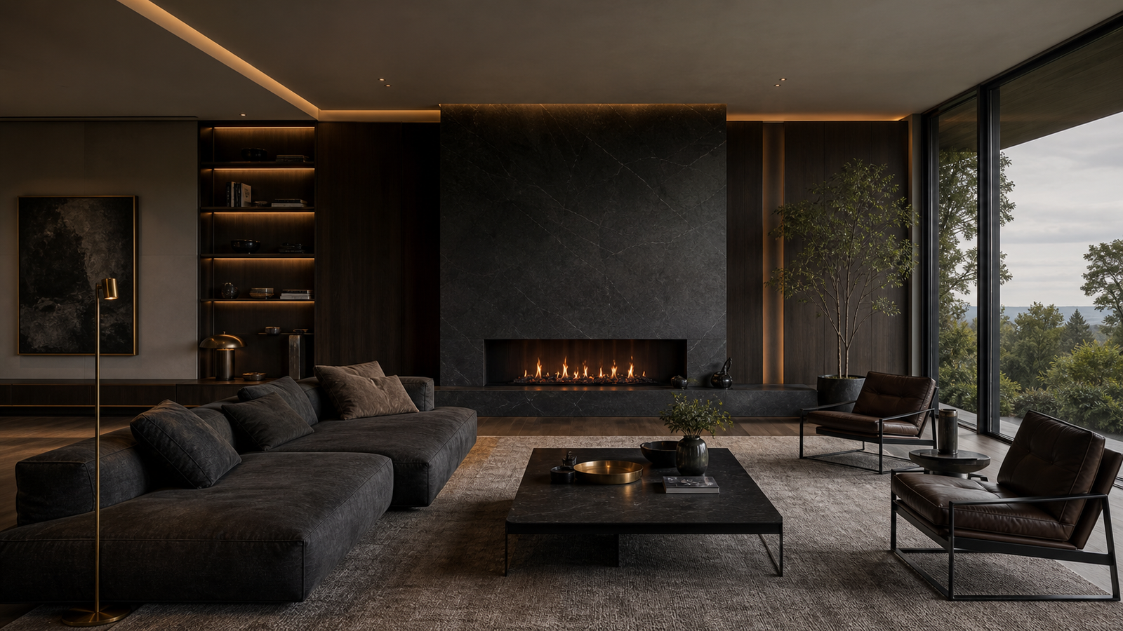 Luxurioeses Wohnzimmer mit dunklem Naturstein, Kamin und warmem Licht