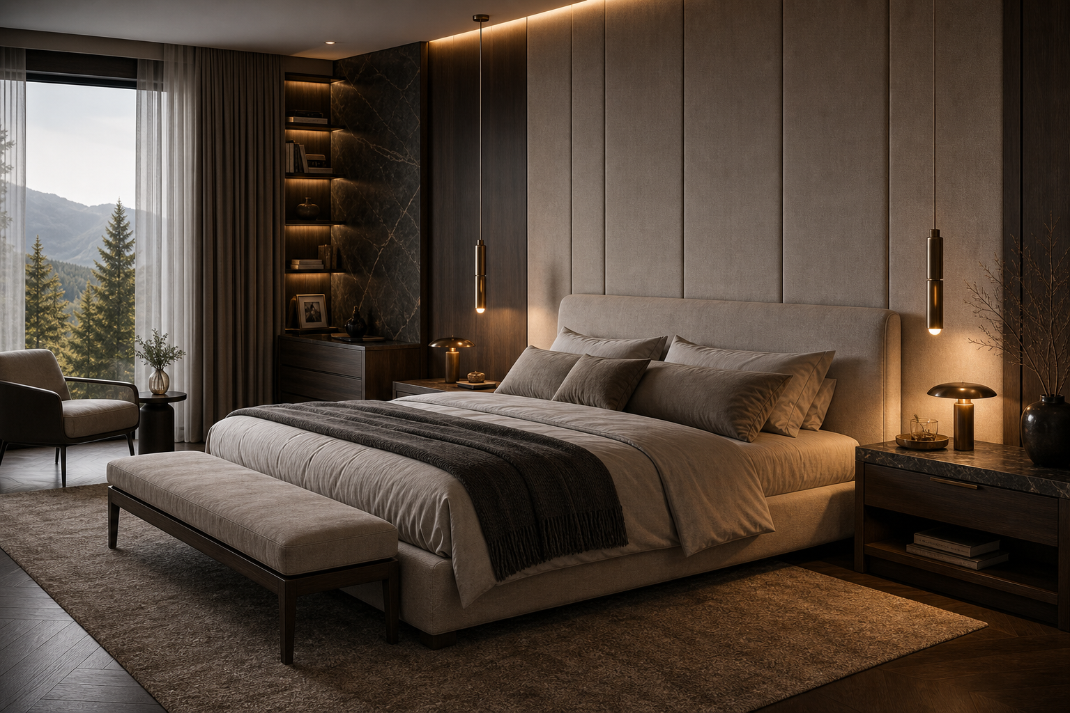 Luxurioeses Schlafzimmer mit dunklem Holz