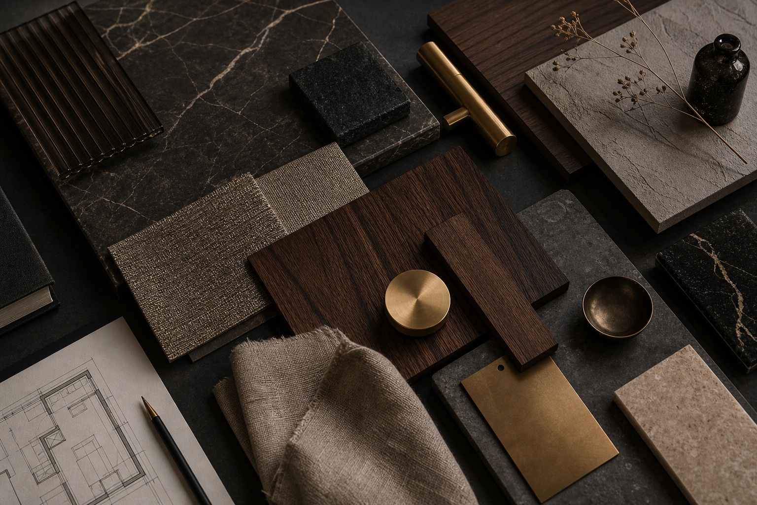 Kuratiertes Materialboard mit Stein, Holz und Messing