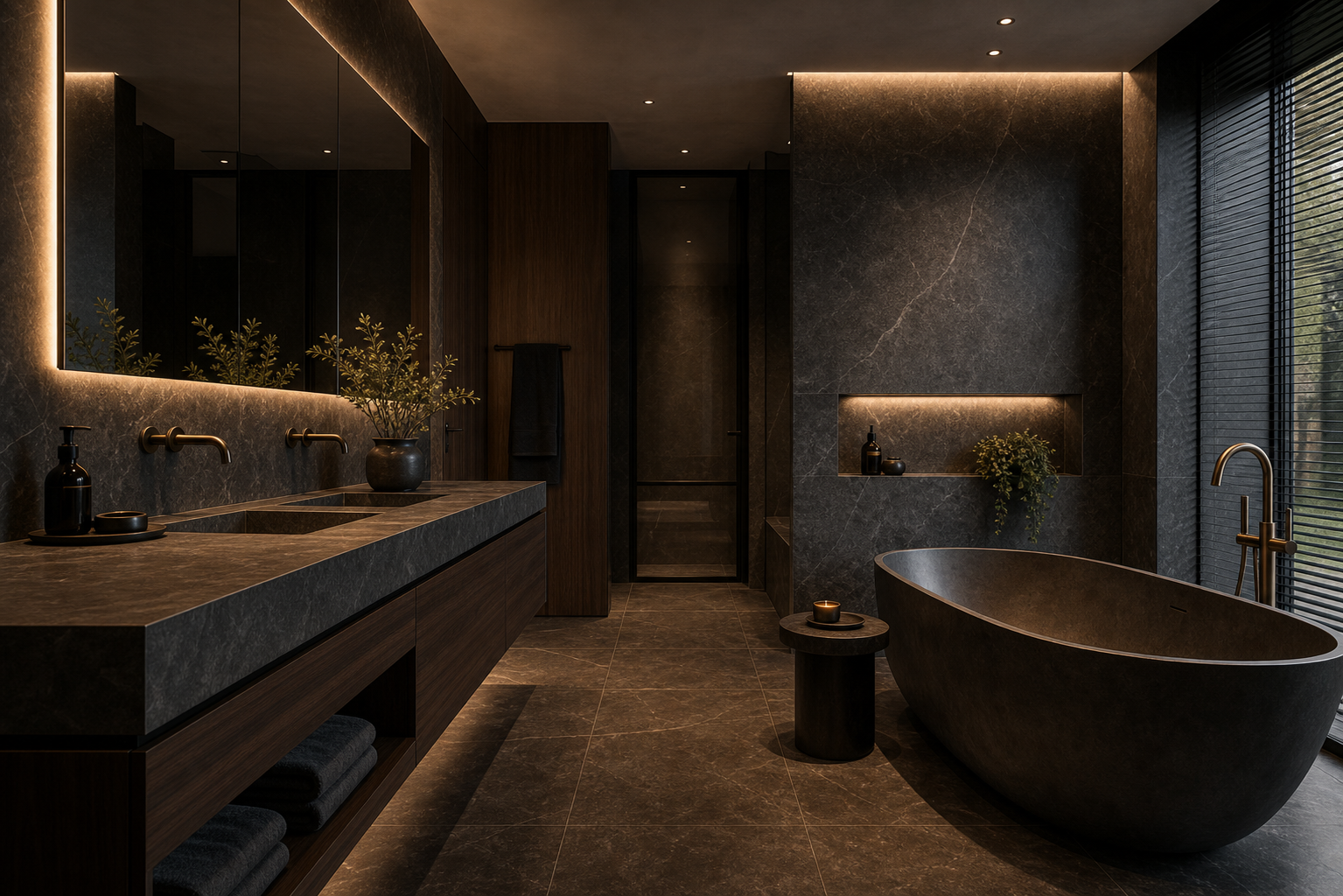 Spa-Badezimmer mit Stein und warmem Licht